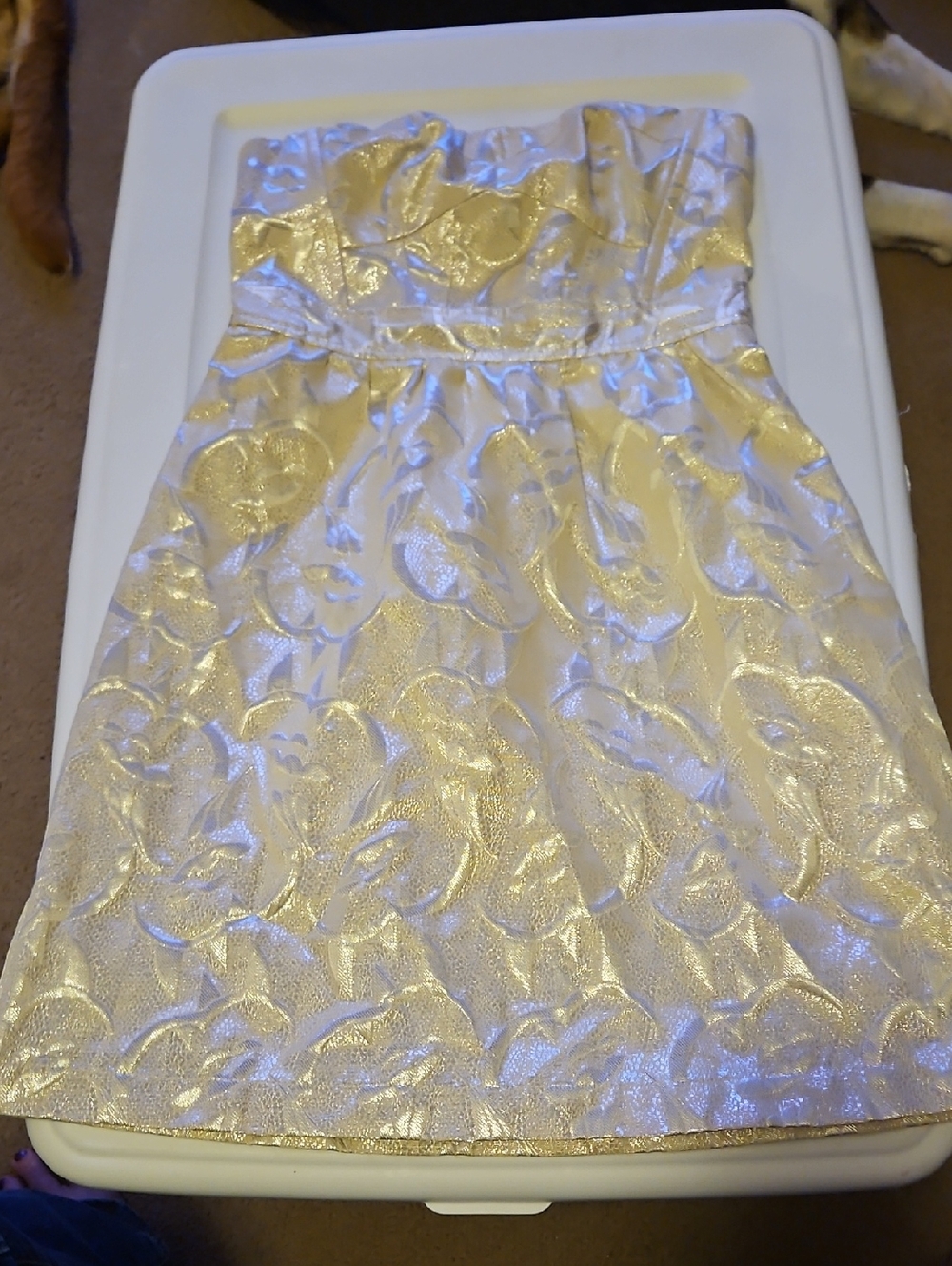 American Eagle Outfitters Strapless Gold Floral Brocade Party Dress